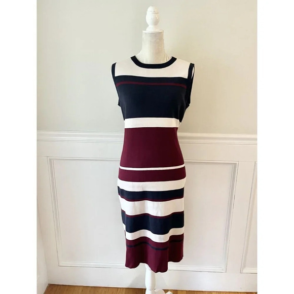 Hobbs London Grace Dress Stretch Knit Striped Blue Burgundy 10 - Picture 3 of 12